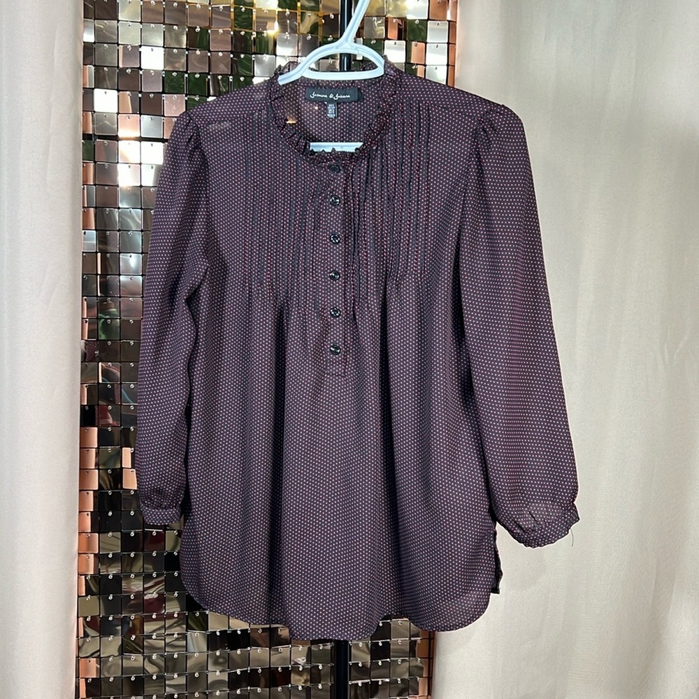 Jasmine & Juliana Navy & Maroon Polka Dot Blouse W Ruffle Mao Collar Size S